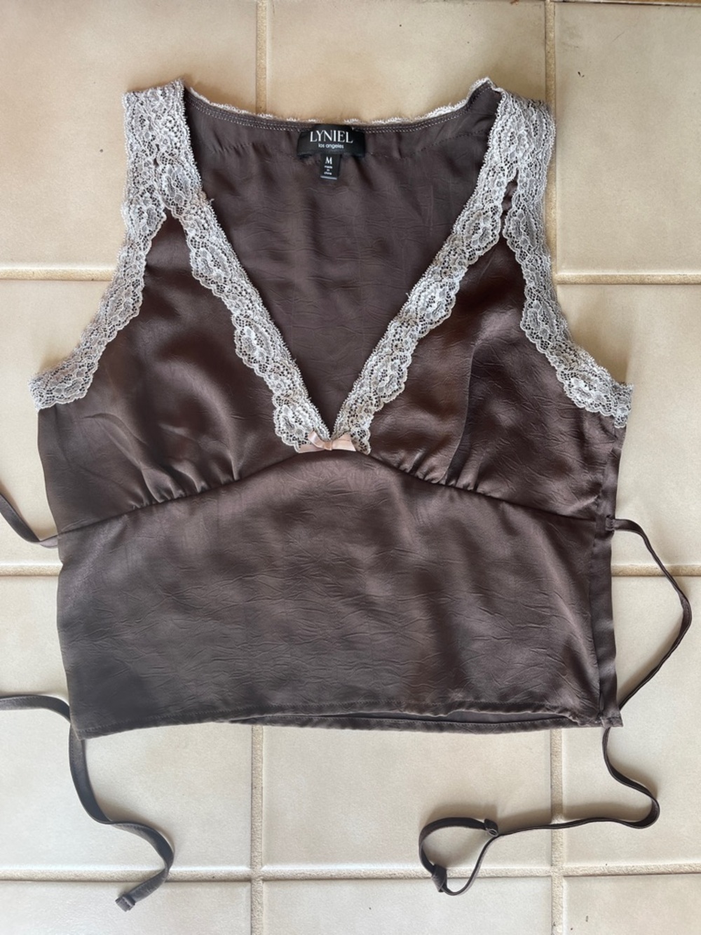 Lyniel Satin Lace Trim Crop Top V- Neck - Brown with Cream Lace w/ back tie